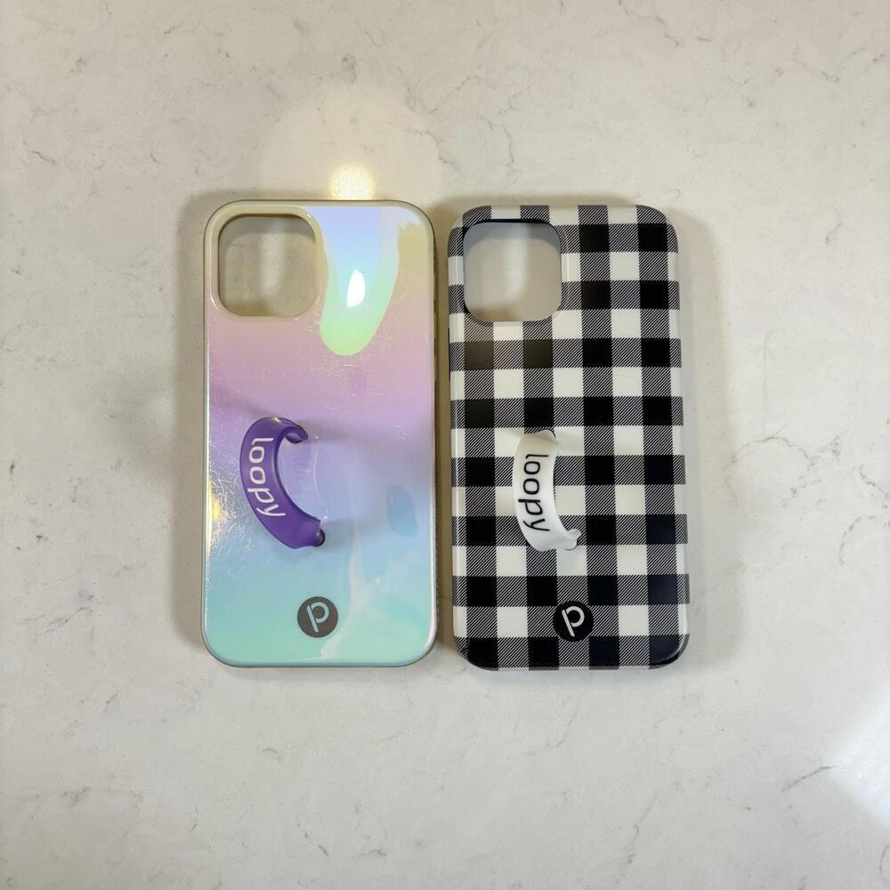 Pair Of Two Loopy iPhone 12 Cases - iridescent and checker print